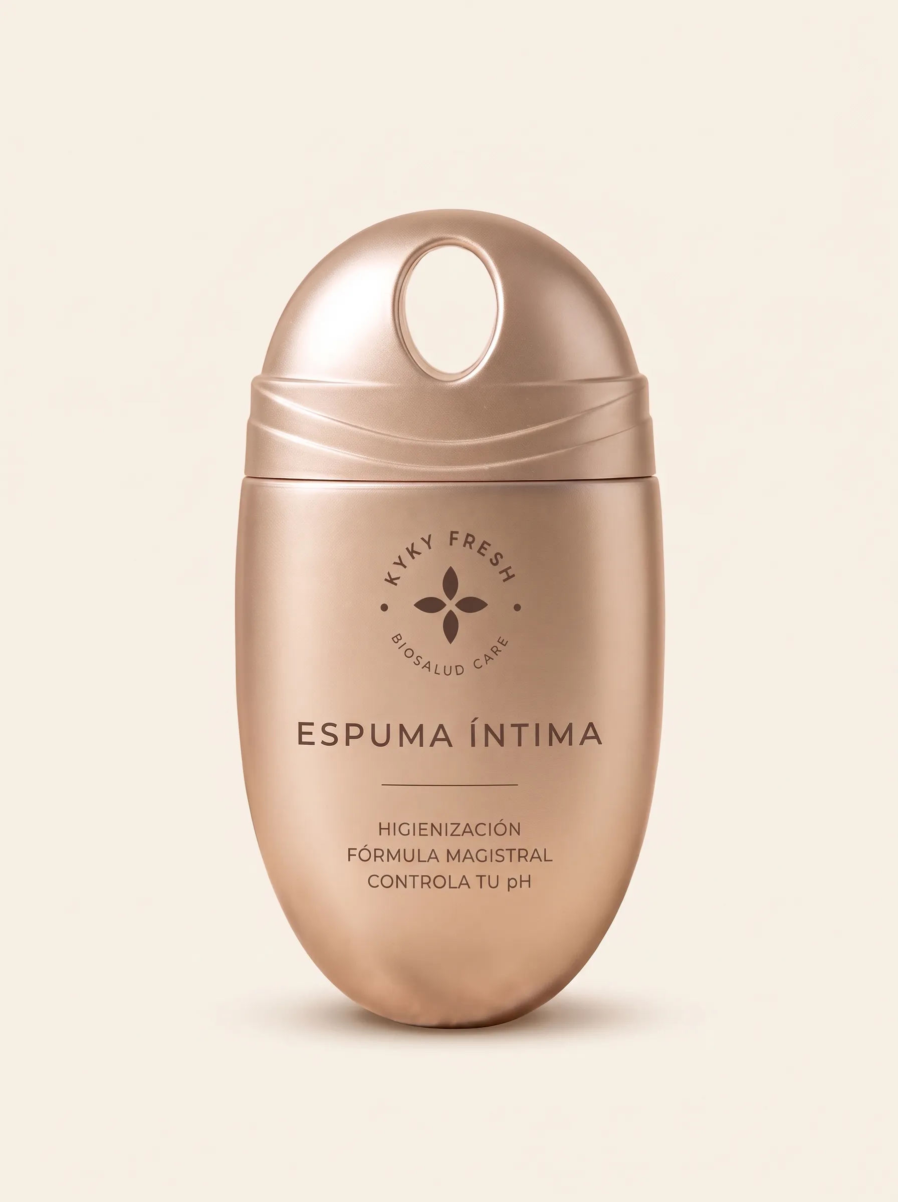 Kyky Fresh Espuma Íntima de frente: envase ovalado dorado champán con el sello y el texto Espuma íntima