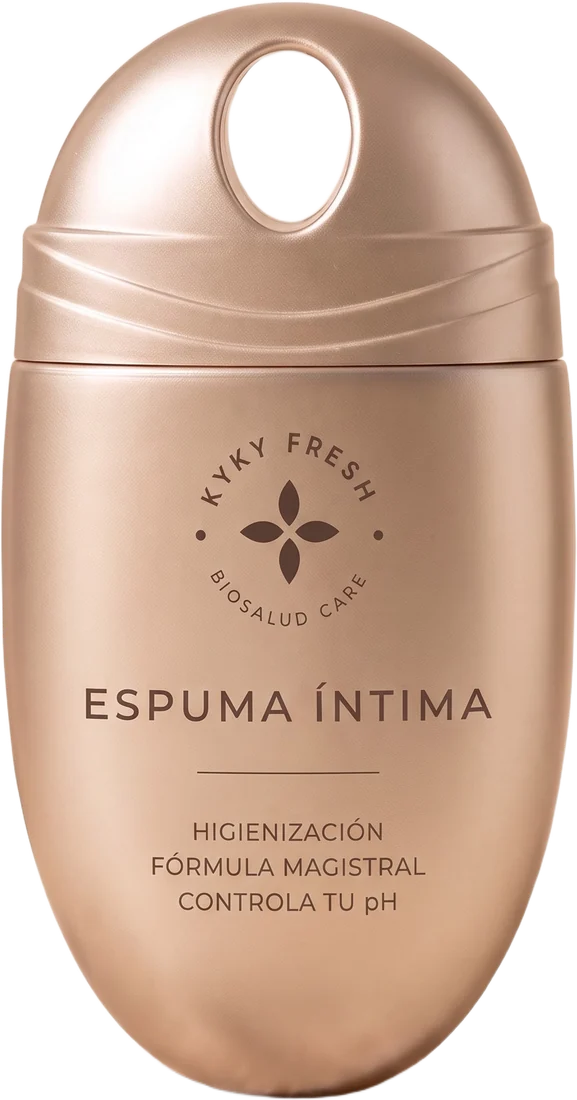Envase de Kyky Fresh Espuma Íntima, ovalado y dorado champán, con el sello y el texto Espuma íntima